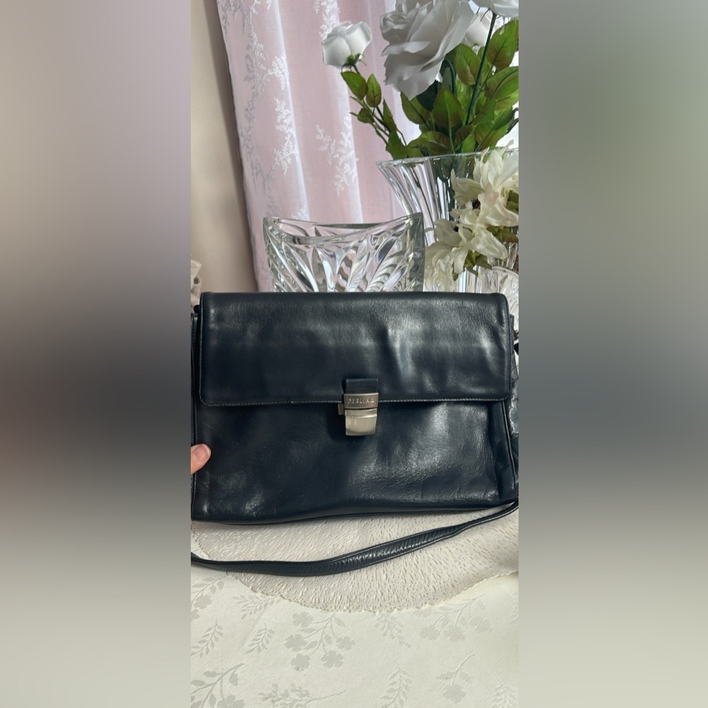 Perlina Black Leather Crossbody Briefcase with Silver Lock